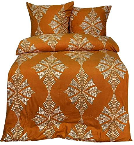 Leonado Vicenti Fleece Bettwäsche 135 x 200 cm 2 TLG mit Reißverschluß kuschelig warme Winter Bettwäsche weiß gepunktet Dunkelorange Tangerine