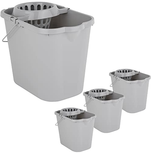 4X Wringeimer mit Siebaufsatz, Ausguss und Metall-Henkel - 12 Liter - grau - Rechteckig - Skala - Putzeimer Wischeimer Wringeimer Eimer Haushaltseimer Wassereimer Wischmop-Eimer