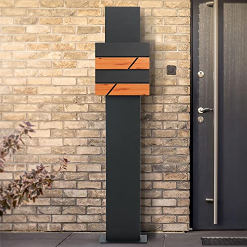 ECD Germany Standbriefkasten mit Zeitungsfach, Briefkasten Standfuß freistehend, Briefkastenständer Anthrazit 170 cm aus Edelstahl pulverbeschichtet, Postkasten Anthrazit-Holzoptik aus Stahl