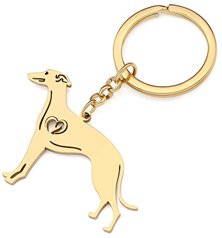 YAYAKO Edelstahl Hund Schlüsselanhänger Brieftasche Autoschlüssel Schmuck Haustiere Hundeliebhaber Geschenke für Frauen Mädchen Hund Schlüsselanhänger (Whippet Vergoldet)