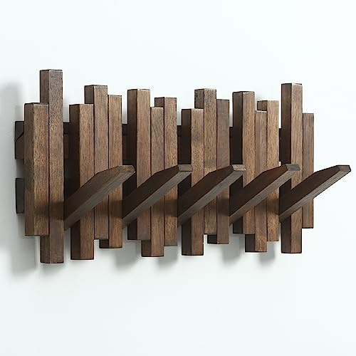 GOGREEBELL Porte-manteau mural pour piano en bois naturel | Porte-manteau mural rabattable avec 5 crochets | Porte-manteau d'entrée en bois d'acacia (couleur noyer teinté