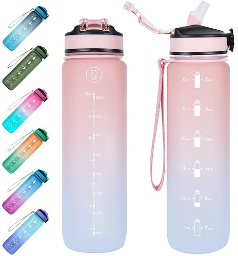 EYQ 1L Water Bottle, 1 Litre Water Bottle with Straw, 32oz Leak-Proof Motivational Sports Drinks Bottle with Time Marker, Tritan BPA-Free, Drinking Waterbottles for Fitness, School, Gym Outdoor Sports