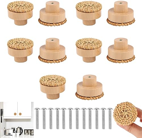RUNEAY Tiradores de Ratán para Cajones y Armarios - 10 Piezas, 40mm, Pomos de Madera para Cocina, Muebles, Aparador (Φ40mm)