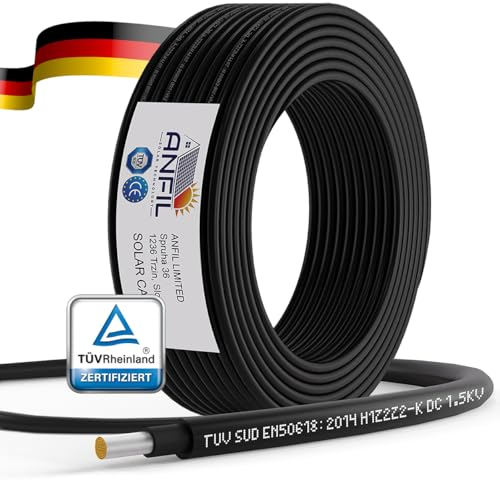 ANFIL Cavo di Prolunga per Pannelli Solari - Nero e Rosso 4 mm2 6 mm2-1800 V DC Nominale - Cavo di Qualità a Doppio Isolamento (100m, 6mm2 Nero)