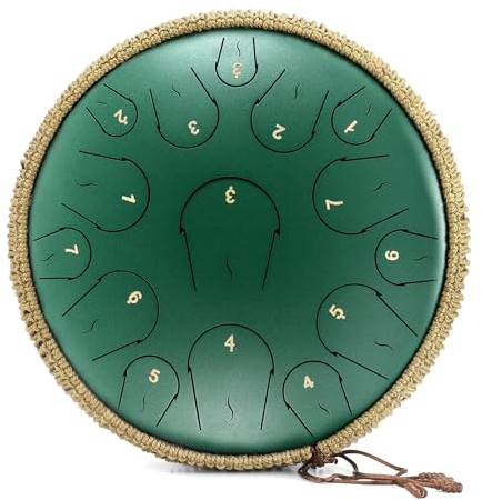Steel Tongue Drum, Lidguni 15 Note 14 Inch Tongue Drum Instrument, Hand Pan Drums with Music Book, Steel Handpan Drum Mallets and Carry Bag, C-Dur, Handpan Drum for Adults (Green)