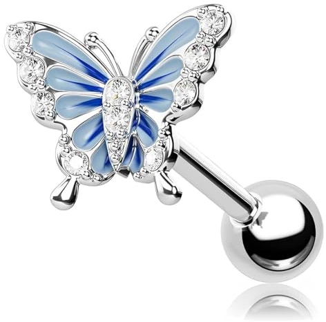 PSOWQ 16G Piercing Helix Ohrring Chirurgenstahl Conch Ohr Tragus Stud Blauer Schmetterling Ohrringe Piercing Ring Silber Blue Butterfly Ohrpiercing Knorpel Frauen Schmuck Unisex