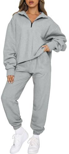 Aleumdr Zweiteiler Damen Lang Trainingsanzug Damen Jogginganzug Set Sweatshirt mit Reißverschluss und Hose Elegant Freizeitanzug Damen Zweiteiler Set Sport Hosenanzug,Grau XL