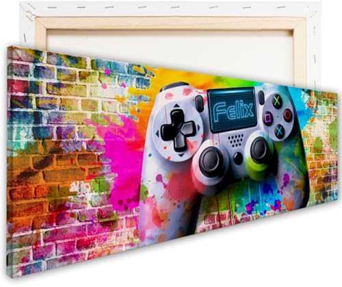 tjapalo® vz123bl Gamer Leinwandbild mit Namen Graffiti Bild gaming Deko Wanddeko gamer Bild für die Wand Wandbild Jugendzimmer gamer Bilder geschenkidee personalisiert, Größen Name: B120xH40cm