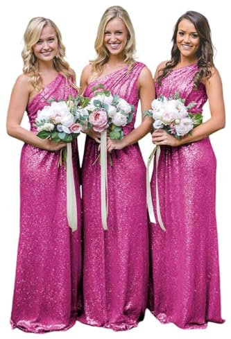 Vestido de dama de honor con lentejuelas brillantes de un hombro para mujer, vestido formal para boda, rosa fucsia, 42