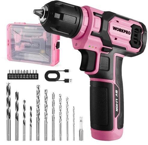 WORKPRO 8V Cordless Drill Driver Set, Electric Screwdriver 3/8 Keyless Chuck, Max Torque 12 N.m, 2 Ah Battery with 21 Pcs Accessories and Single Layer Stack & Carry Box, Ideal for Home DIY Project