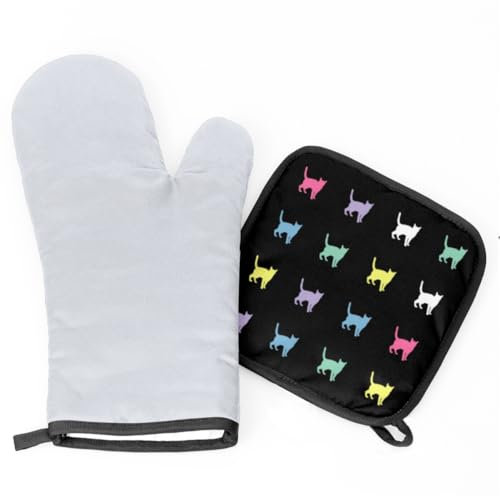 Ufuson Set di guanti da forno colorati con gatti e presine resistenti al calore, guanti da forno, guanti da forno, presine, set da 2 pezzi per cucina, cottura, grigliare, barbecue, regali per cucina