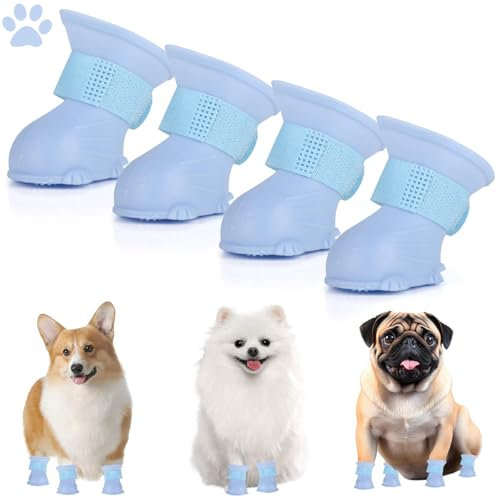 Regenstiefel für Hunde, 4 Stück wasserdichte Gummi Hundestiefel, rutschfeste Regenschuhe mit Befestigungsband, Pet Shoes für Welpen, Katzen (Blau, L)