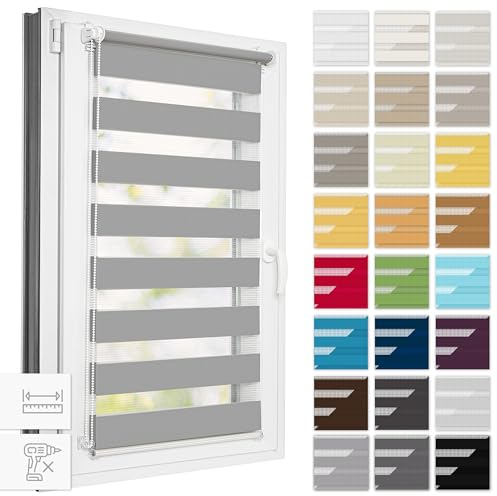 Estika Doppelrollo Klemmfix ohne Bohren, Breite alle 1 cm - 99 cm x 150 cm - Grau - Tag und Nacht Duo Rollo, Rollos für Fenster ohne Bohren, Fenster sichtschutz
