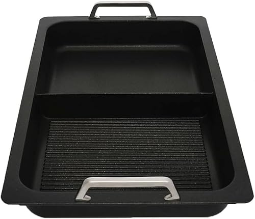 AMT Gastroguss Gastronorm - Behälter hoch GN 1/1 geteilte Segmente (glatt/Grill), für Induktion, 53 cm x 32,5 cm, 5,5 cm hoch, mit Edelstahlgriffen, Lotan® Antihaft-Veredelung, AMZN-I-55333-GGS