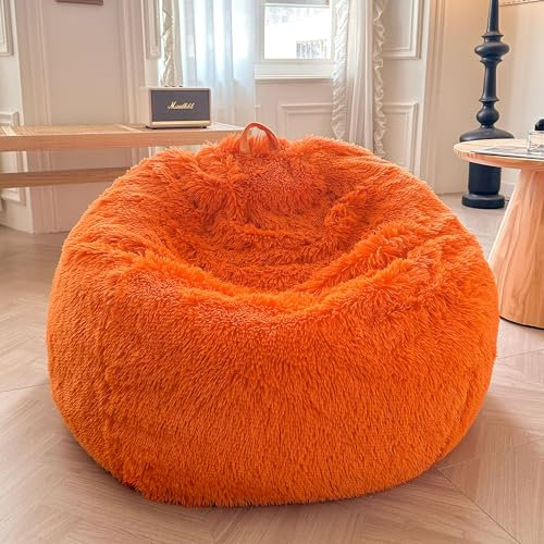 XeGe Faux Fur Comfy Bean Bag Cover(No Filler), Fluffy Stuffed Animal Storage Bean Bag Chair Cover for Bedroom Home Decor, Furry Fuzzy Big Gaming Beanbag Cover for Adults Kids, Anti-slip, Orange