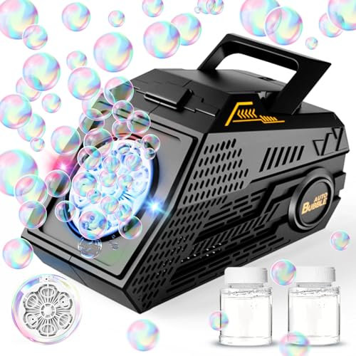 Panamalar Macchina per Bolle, Automatica Macchina Bolle di Sapone per Bambini 10000+ Bolle al Minuto con 6 Grandi Fori/Batteria Ricaricabile/Luci/2 Soluzione per Matrimonio All'aperto Festa, Nero