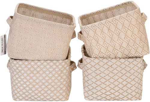Sea Team Mini-Aufbewahrungskorb aus Jute, 4,5 l, 4 Stück, quadratische Box mit Doppelgriffen, Tisch und Raum, kleine Gegenstände, 20 x 16 x 15 cm
