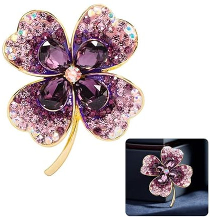 LINGJIA Broche Femme Vetement, Broche pour Dames, Broche Trèfle, Broche Cristal, 3.5*4cm Accessoires Vestimentaires, Broche Épingle de Sûreté, Dîner, Fête D'anniversaire, Journée de la Femme (Violet)