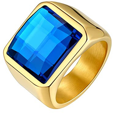 Bestyle Edelstahl Fingerring Herren mit Blau Stein Cubic Zirkonia CZ Band Ringe für Männer, Fingerring Versprechen Ring für Hochzeit Verlobung Valentinstag,Gold,Größe 57