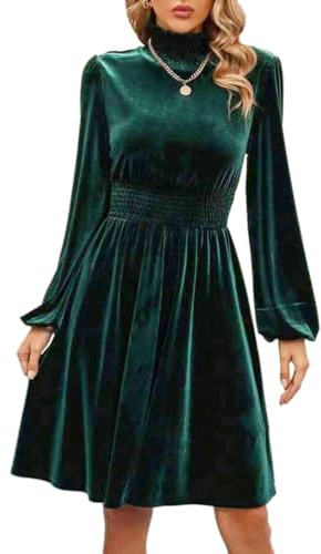 Hanaoops Women Velvet Dress Long Sleeve Waist Swing Midi Dresses High Waist Cocktail Party Club Evening Bodycon Short Dress Retro Pleated Knee Length A Line Wedding Guest Ball Gowns Dresses