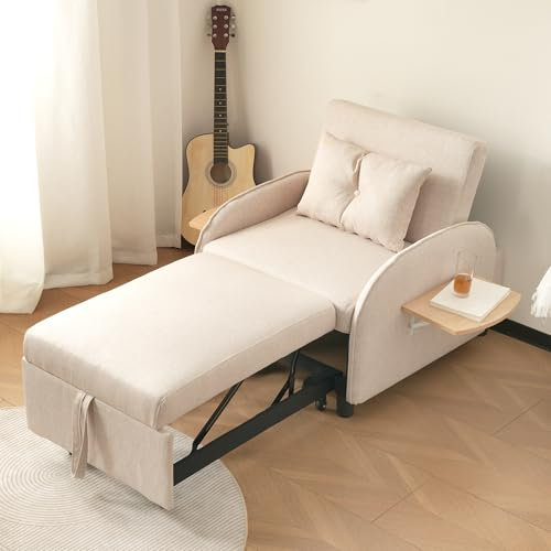 Lexiou Multifunktionales ausziehbares Einzel-Schlafsofa – mit Bettfunktion, Liegestuhl und Sessel, dreifach verstellbares Sofa-Bett, ideal für kleine Räume, mit klappbaren Teetischen (Beige)