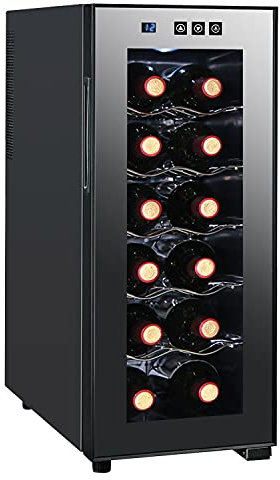 Elektronischer Weinschrank für 12 Flaschen, mit Thermostatsteuerung, freistehender Arbeitsplatte, Weinkühlschrank mit digitalem Touchscreen, Temperatur einstellbar, Doppelglastüren, kleiner
