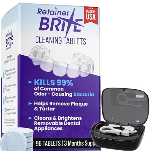 Retainer Cleaning Tablets (96 Count, 3-Month Supply) with Retainer Case, Denture Brush, and Dental Mirror – Ideal for Retainers, Invisalign, Mouth Guards, Aligners, and Dentures