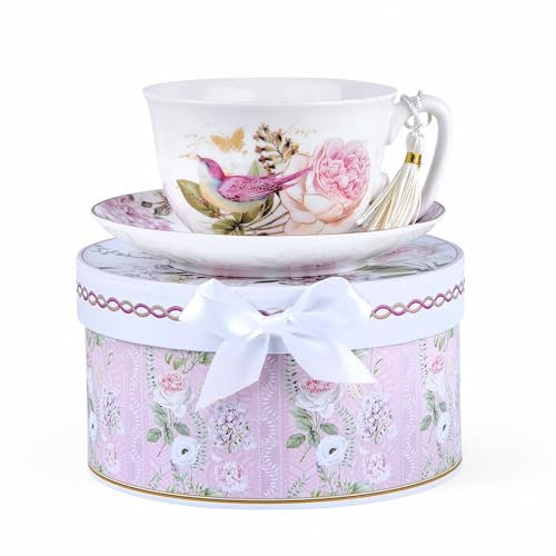 Bone China Tea/Coffee Cup and Saucer in Gift Box Fine Set of One (Birds in Rose Garden)