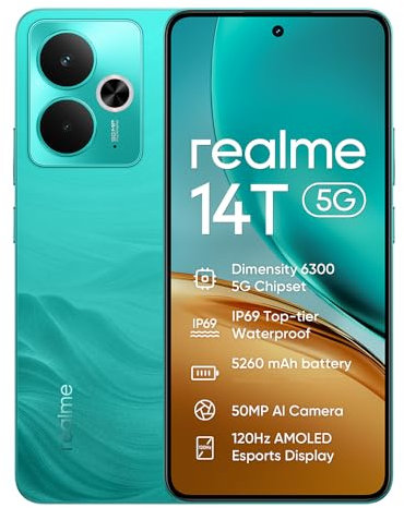 realme 14T 5G Telefono Movil,120Hz 6.67 AMOLED Pantalla,IP69 NFC,50 MP AI Cámara,8GB+256GB Smartphone,Procesador Dimensity 6300 5G,Batería 5260mAh,Dual SIM Android 15, Sin Cargador,Verde