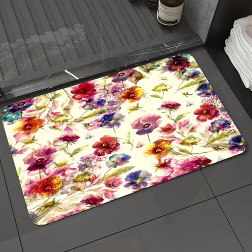 KDWJS Badematte rutschfest Super Absorbierende Badezimmerteppich,Waschbar Duschvorleger,Badewannen undBadezimmer,Kunst, schöner Kranz mit violettem Playboy und Schmetterling, handgezeichnet,40x60 cm