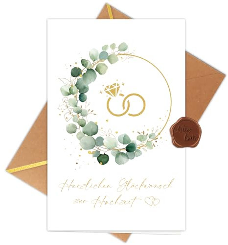 WenmthG Premium Hochzeitskarte mit Goldprägung-Umschlag und Wachssiegel - Karte Hochzeit Eukalyptus Muster - Glückwunschkarte Hochzeit - Geschenke für Brautpaar