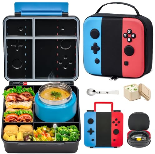 FAJSL Game Lunch Box for Kids with Thermo, 9 OZ Stainless Food Jar & Insulated Lunch Bag, BPA-Free Kids Lunch Bento Box with Sauce Cup, Leakproof Lunch Box Set for Boys & Girs, School, Travel