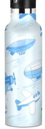 Amooorous Lovely Blue Plane Leakproof BPA Free Kids' Metal Water Bottle With Straws Leak-proof Keeps Hot and Cold for Travel and Sports vasos para agua
