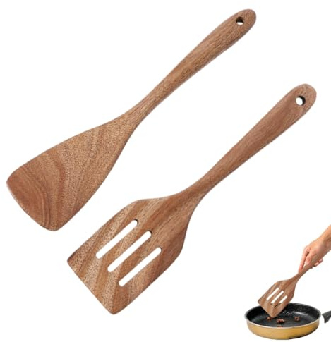 DWFYOI Pfannenwender Olivenholz,2er Set [Extra breit mit & ohne Schlitz] – Plastikfreie, antibakterielle und hitzebeständige Pfannenwender Holz,pfannenwender holz