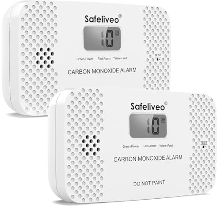 Safeliveo 10 Jahre CO Melder, Klein Kohlenmonoxidmelder, Weiß, 2stück | EN 50291 zertifiziert, AA Batterie Wechselbar, LCD Display, Standalone