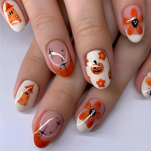 Cosblisvia 24 Stück Halloween Press on Nägel, Künstliche Fingernägel mit Kürbis & Geist Design für Frauen, Mädchen, Party, Kostüm, Alltag (Mandel, Kurz)