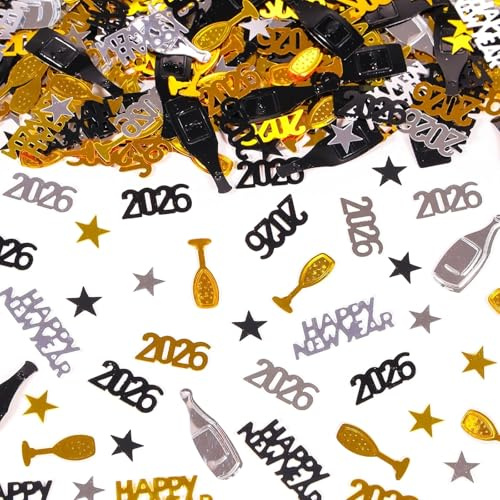 Ovanda Silvester Deko 2026, Happy New Year Konfetti Schwarz Gold, Silvester Party Dekorationen Set, Silvester Tischdeko, Confetti Dekoration für Neujahr Karneval Party, Tisch Streudeko