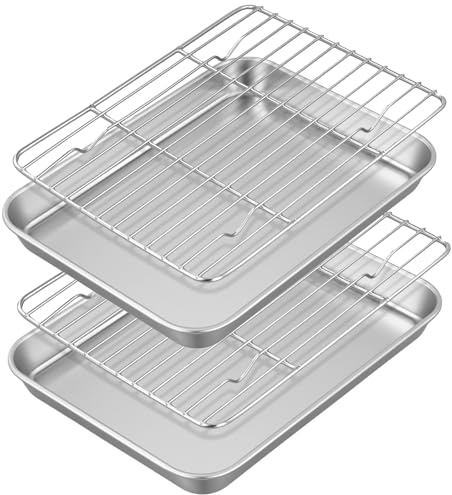 JAPCHET Stainless Steel Baking Tray Set with Cooling Rack, 17 x 23 cm Metal Oven Sheet, 2 Trays and 2 Racks for Cooking Roasting