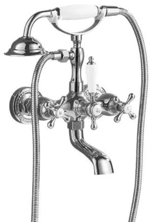 Rubinetto Vasca Da Bagno Miscelatore Vasca Da Bagno Ottone Due Maniglie Antico Vintage Stile, Rubinetto Doccia Da Muro Con Doccetta E Flessibile Doccia Da 1,5 M, Cromo, Argento