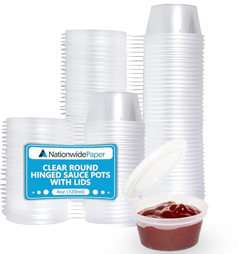 Nationwide Paper 4oz 100Pcs Clear Round Hinged Pots with Lids, Deli Pots, Perfect for Takeaways, Restaurants, Chutney, Ketchup Container & Hinged Sauce Pot