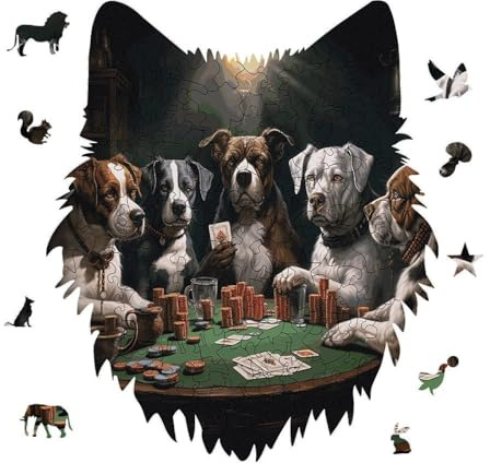 Playing Poker Dogs Jigsaw Puzzle 175PCS Wolf Head Design Puzzle Wooden Jigsaw Puzzles for Adults Families