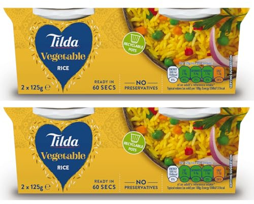 Tilda Vegetable Flavour Rice 4 x 125g – 2 Boxes Microwave Rice Pouches – Ready to Heat Savoury Rice – Includes Gifty Goodness Shopping List