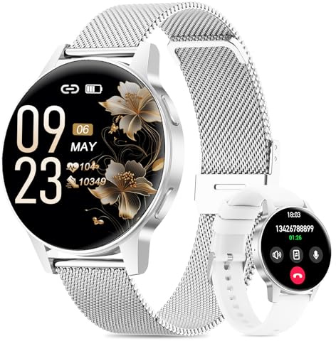 SLOKSFil Smartwatch Donna, 1.27”Touchscreen Completo Orologio Donna Rotondo con Chiamate Bluetooth, 24H Frequenza Cardiaca Monitor Sonno, 100+ Modalità Sportive Compatibile con Android iOS (Argento)