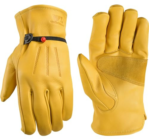Wells Lamont Leather Work Gloves for Men – Heavy Duty, Cowhide, Abrasion & Puncture Resistant – Adjustable Wrist, Gunn Cut Design, Ideal for Ranching, Farming, Construction - Saddletan - S