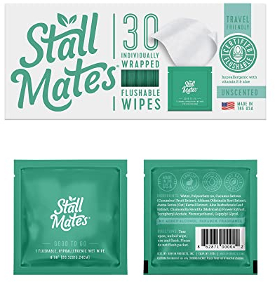 Stall Mates Wipes: Flushable, portable, eco-friendly bathroom wipes. (30 individually wrapped wipes)