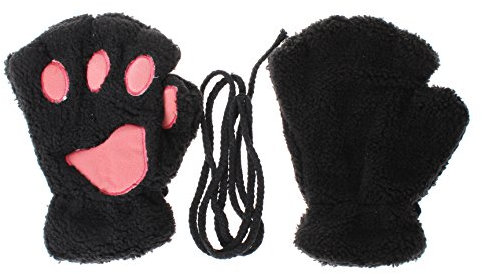 HENGSONG Niedlich Katze Klaue Bär Pfote Plüsch Fingerlose Handschuhe Fäustlinge Winter Halbfingerhandschuhe für Damen Mädchen (Schwarz)