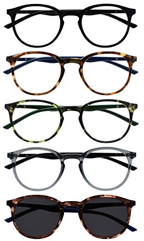 OPULIZE Met Pack 5 Lunettes De Lecture Avec Lecteur Soleil Rond Noir Brun Vert Gris Hommes Femmes RRRRS60-12672 +2,00