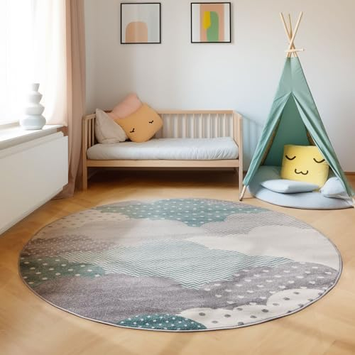 KinderTeppich, Wolken Design, Teppich Blau, 120 cm Rund, Teppich für Kinder, Teppich Kinderzimmer