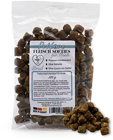 PetLove Fleisch Softies für Hunde • Hundeleckerli ohne Getreide • 63% Fleischgehalt • Hunde Leckerlis für Training • Strauß (200g)