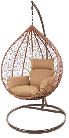KIDEO Komplettset: großer Hängesessel mit Gestell & Kissen, Korbsessel, Poly-Rattan (Korb & Gestell: braun, Kissen: braun Nest (7010_Hazelnut))